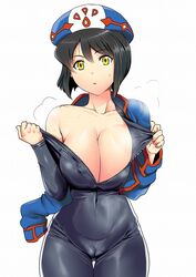 black_hair bodysuit breasts cameltoe chloe_valens cholesenel cleavage female hat highres large_breasts off_shoulder shiny shiny_clothes short_hair skin_tight solo sweat tales_of_(series) tales_of_legendia undressing unzipped yellow_eyes