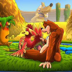 1boy 1girls 2014 anthro avian backpack banjo-kazooie banjo_(banjo-kazooie) beak bear belt bird blush body_fur breegull brown_fur cactus canine cloaca closed_eyes clothing desert duo erection exhibitionism feathers female furry gem grass jinxy_(banjo-kazooie) kazooie kitsune_youkai male mammal moan mountain necklace oasis on_top open_mouth outside penis penis_in_vagina public pussy rareware reverse_cowgirl_position root sand sex shorts sitting smooth_penis sphinx straight toony tree trunker turban vaginal_penetration video_games water wings