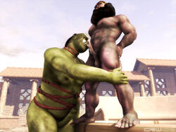 2boys 3d beard corwyn cum dwarf erect_penis erection facial_hair foreskin gay green_skin humanoid_on_humanoid intact interracial licking_cum male male/male male_nipples male_only orc orc_male partially_retracted_foreskin tagme topknot uncut veiny_penis