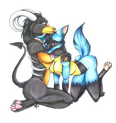 2011 all_fours anthro breasts color female female_only fur furry houndoom hug interspecies lucario multiple_females neck_hug nipples nude pokemon pokemon_(species) sitting tagme yuri