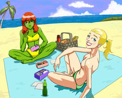 2girls artemis_(dc) artemis_crock beach bikini dc earth_16 green_skin megan_morse miss_martian multiple_girls sitting sushi topless young_justice