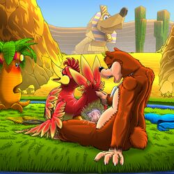 1boy 1girls 2014 anthro avian backpack banjo-kazooie banjo_(banjo-kazooie) beak bear belt bird blush body_fur breegull brown_fur cactus canine cloaca closed_eyes clothing cum desert duo erection exhibitionism feathers female furry gem grass jinxy_(banjo-kazooie) kazooie kitsune_youkai male mammal moan mountain necklace oasis on_top orgasm outside penis penis_in_vagina public pussy rareware reverse_cowgirl_position root sand sex shorts sitting smooth_penis sphinx straight toony tree trunker turban vaginal_penetration video_games water wet wings