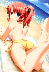 1girls ass beach blush female looking_at_viewer looking_back ponytail red_hair short_hair sideboob solo tied_hair tomose_shunsaku