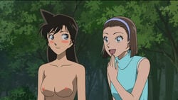 2girls blue_eyes breasts brown_hair detective_conan female hairband human large_breasts long_hair multiple_girls nipples nude pale-skinned_female pale_skin ran_mouri short_hair sonoko_suzuki tagme