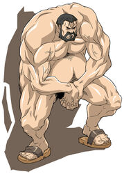 beard black_hair color facial_hair flexing footwear front_view fullmetal_alchemist hair human male male_only muscles nude short_hair sig_curtis solo tagme