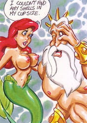 age_difference ariel breasts covering_eyes curvy dialogue disney disney_princess exhibitionism exposed_breasts father_and_daughter humor joe_gravel king_triton large_breasts long_hair mermaid muscular_male nipples old_man red_hair simple_background size_difference speech_bubble tagme temptation text the_little_mermaid traditional_media_(artwork) underwater