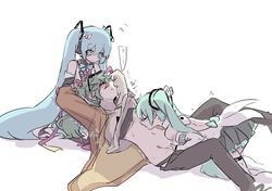 aqua_hair blush clothed_sex fingering green_hair group_sex hatsune_miku magical_mirai_(vocaloid) nejikyuu pussy_juice selfcest suna_no_wakusei_(vocaloid) sweat threesome trembling vocaloid yuri