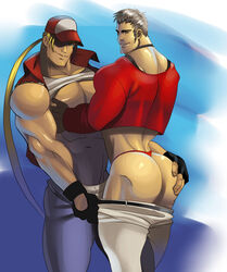 2boys absolutbleu ass bara baseball_cap blonde_hair blonde_hair_on_brown_hair blonde_hair_top blue_eyes brown_eyes brown_hair brown_hair_bottom domination fingerless_gloves gay hand_on_ass human king_of_fighters light_hair_on_dark_hair looking_at_viewer male male_only multiple_males muscle nipple_play nipple_tweak no_visible_genitalia one_eye_closed pants_down pants_pulled_down shirt_up silver_hair tagme terry_bogard thong undressing_partner yaoi yashiro_nanakase