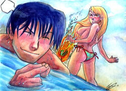 2011 angry bikini blue_hair blush closed_eyes clothes color comedy day female fire fullmetal_alchemist funny human male open_eyes outdoors riza_hawkeye roy_mustang sincomix tagme tattoo topless water wet