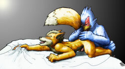 anthro beige_fur black_nose color falco_lombardi fox fox_mccloud fur furry furry_ears furry_only furry_tail gay interspecies male male_only multiple_males no_humans open_mouth orange_fur penis pheasant pointy_ears raised_tail side_view star_fox tail tail_grab tongue yaoi