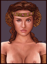 1girls actress attack_of_the_clones bare_shoulders breasts brown_eyes brown_hair celebrity female female_only hair_bun heroforpain large_breasts lips long_hair looking_at_viewer medium_breasts natalie_portman nipples padme_amidala portrait revenge_of_the_sith solo star_wars the_phantom_menace tied_hair topless upper_body