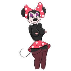 alternate_body_type anthro black_fur black_nose bow breasts closed_mouth clothes eyeshadow female female_only front_view fur furry_breasts furry_ears makeup mammal minnie_mouse mouse nipples pale_skin pink_nipples rodent round_ears shadowcat_(artist) skirt smile solo standing tail topless white_background