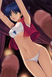 1girls 2011 bandeau breasts censored curvaceous dark-skinned_female dark_skin female fushigi_no_umi_no_nadia gainax human large_breasts male nadia_la_arwall penis princess purple_hair saeki_takashi short_hair solo_focus sweat thigh_gap white_panties