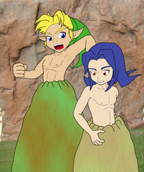 2boys abs blonde_hair blue_hair kafei like_like link majora's_mask male male_nipples male_only monster_on_male nipples nude pecs pointy_ears struggling the_legend_of_zelda vore