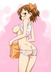 1girls ass big_ass blush breasts brown_eyes brown_hair bubble_butt curvaceous female glasses hairbow hazuki_fujiwara human large_breasts light-skinned_female light_skin looking_at_viewer looking_back nerd nipples ojamajo_doremi open_mouth panties pink_background pink_panties presenting shirt_lift short_hair sideboob simple_background solo sweat thick_thighs torn_clothes underwear undressing wide_hips