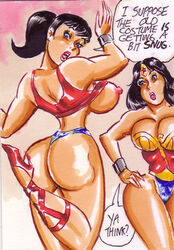 2girls ass big_ass big_breasts black_hair breasts curvy dat_ass dc dc_comics dialogue donna_troy exposed_breasts female female_only grown_up high_heels joe_gravel large_breasts multiple_girls nipples ponytail sketch_card speech_bubble teen_titans text thong wardrobe_malfunction wonder_girl wonder_woman wonder_woman_(series)