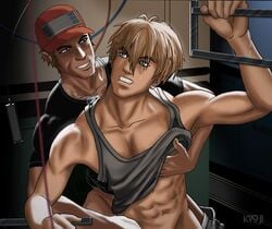 2boys abs baseball_cap black_shirt blonde_hair bottomless bracelet brown_hair captain_matthews from_behind grey_eyes hat male multiple_boys muscle necklace pants_down reach_around sex shirt_lift standing sweat tank_top tony undressing xenosaga yaoi yuriev_dmitri