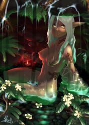 1girls breasts color dark-skinned_female dark_skin dungeons_and_dragons elf female female_only flower medium_breasts navel nipples nude pointy_ears skello-on-sale solo tagme tattoo water white_hair yellow_eyes