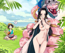 1boy 1girls ? animal bandage boa_hancock bondage bound_ankles breasts clothed_male_nude_female eating female gunpei hat male meat monkey_d_luffy nipples nude nude_filter one_piece open_toe_shoes outdoors photoshop salome_(one_piece) sandals scar shorts snake solo_focus straw_hat vest