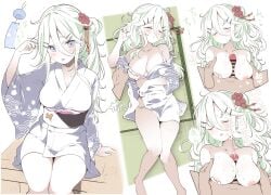 1boy 1boy1girl alternate_hairstyle bar_censor blue_eyes blush bra bra_pull breasts breasts_out breasts_squeezed_together censored cleavage clothes_pull collarbone cum ejaculation facial female grabbing grabbing_another's_breast green_hair hair_between_eyes hair_flaps hair_ornament hairclip heart highres japanese_clothes kantai_collection kimono large_breasts long_hair looking_at_viewer lying male/female nipples on_back open_clothes open_kimono open_mouth paizuri panties penis sitting sleep_molestation sleeping smile solo_focus straddling_paizuri strap_slip suzuki_toto sweat thighs underwear undressing white_bra white_panties yamakaze_(kantai_collection) yukata