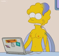 accurate_art_style ambiguous_nudity arm_tattoo blue_tattoo breasts chainmale color computer female female_only front_view human indoors laptop medium_breasts nipples sitting sitting_on_chair solo the_simpsons visible_teeth white_eyes zia_simpson-van_houten