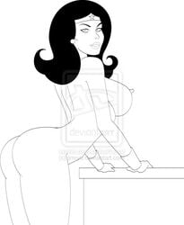 1girls ass bent_over_table black_hair bracers breasts dc dc_comics deviantart_link earring erect_nipples female female_only jimryu looking_at_viewer looking_back monochrome nipples solo superfriends tiara watermark wonder_woman wonder_woman_(series)