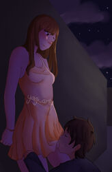 absurd_res against_wall blowjob blush brown_hair cinnamon_(@yagi_arts) clothed clothed_female clothed_male clothed_male_clothed_female clothed_sex clothing clouds dress dress_lift fellatio futa_on_male futa_sans_pussy futanari long_hair night oral oral_penetration oral_sex orange_dress public small_breasts soft_shading yagi_arts