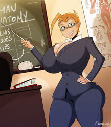 big_breasts blonde_hair breasts collar emma_hugaz fanart female glasses hair pantsuit samasan short_hair smile suit teacher thick_thighs velvet_city_(shiin) wide_hips