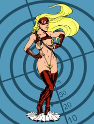 arrow arrowette blonde_hair blue_eyes cissie_king covering_nipples dc dc_comics female long_hair mask masked skirt_removed tagme thighhighs young_justice