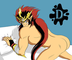 1boy all_fours ass black_hair butt butt_crack fang_out inmomakuro kishin_douji_zenki long_hair_male male male_only nude_male red_eyes red_hair solo tagme two_tone_hair zenki