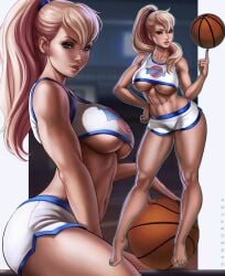 1girls abs basketball blonde_female blonde_hair blue_eyes dandon_fuga feet female female_only full-length full-length_portrait full_body full_length full_length_portait hand_on_hip highres human human_only humanized lola_bunny looking_at_viewer looney_tunes ponytail shorts solo space_jam thick_thighs toned underboob warner_brothers wide_hips