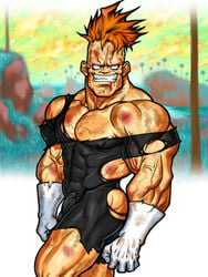 1boy abs black_leotard bleeding blood boner bulge clenched_teeth damaged damaged_clothes damaged_clothing dragon_ball dragon_ball_z erect_nipples_under_clothes erection erection_under_clothes erection_under_clothing gay gloves handwear leotard leotard_bulge looking_at_viewer male male_only muscle muscles muscular muscular_legs muscular_male muscular_thighs nipples nipples_visible_through_clothing orange_hair outdoors pecs recoome ripped_clothes ripped_clothing singlet smiling solo spandex tight_clothes tight_clothing torn_clothes torn_clothing veins veiny veiny_arms veiny_muscles white_gloves