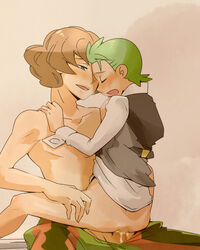 anal brown_hair burgh_(pokemon) censored cilan_(pokemon) cum genital_fluids genitals green_hair mei_(mochimon) partially_clothed penis pokemon pokemon_bw size_difference tagme yaoi