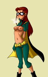 1girls belt blush breasts breath cape cartoon_network cosplay dante_rain dc female female_focus female_only finger_to_mouth gloves koriand'r long_hair mask nipples orange_skin red_hair shirt_lift simple_background starfire tamaranean teen_titans