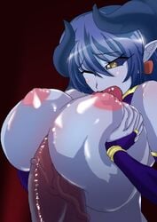 1futa 1girls astaroth astaroth_(shinrabanshou) autopaizuri blue_hair blue_sclera blue_skin blush bracelet breasts erect_nipples erection fellatio female futanari gloves hair horns huge_breasts huge_cock long_hair no_bra one_closed_eyes oral oral_sex outercourse paizuri penis pointy_ears shimad shinrabanshou straight veins veiny_penis wince yellow_eyes