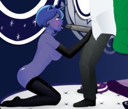 1boy 1girls ass black_skin breasts friendship_is_magic konashion my_little_pony penis princess_luna_(mlp) royal_guard_pony screencap straight_hair super_deepthroat_game thighhighs