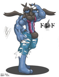 2011 2_toes 3_fingers anthro barefoot blue_skin bulge claws clothes color conjoined hand_on_head male male_only male_zweilous multi_head muscles pink_skin plantigrade pokémon_(species) pokemon solo standing tight_clothes topless underwear white_background zweilous