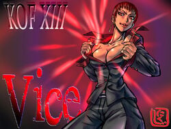 breasts brown_hair cleavage dark-skinned_female dark_skin earrings female female_only formal human jewelry king_of_fighters large_breasts lipstick makeup nail_polish nikuji-kun no_bra open_clothes open_jacket pant_suit popped_collar red_eyes short_hair solo suit vice_(kof)