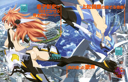 2girls amou_kanade armor ass bare_back blue_eyes blue_hair bodysuit boots breasts building gloves high_heels high_resolution kazanari_tsubasa magazine_scan multiple_girls navel newtype nude_filter official_art red_eyes red_hair senki_zesshou_symphogear shoes sky thigh_boots thighhighs