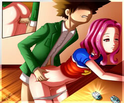 ass bent_over brown_hair clothes color day digimon digivice female hair human indoors insertion male mimi_tachikawa panties penis pink_hair sex side_view silvermoonlight straight tagme taichi_yagami