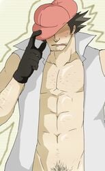 1boy artist_request bara blush clothes color datsura_(pokemon) facial_hair hair hat human male male_only muscle noland_(pokemon) open_shirt partially_clothed pokemon pubic_hair solo source_request sweat tagme