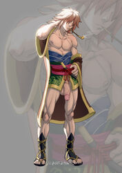 1boy artist_name balls ballsack brown_hair circumcised circumcision_scar clothing flaccid human long_hair_male male male_nipples male_only male_pubic_hair muscles muscular muscular_male pecs penis penis_out schizoid scrotum semi-erect shigure solo suikoden suikoden_v testicles veiny_penis