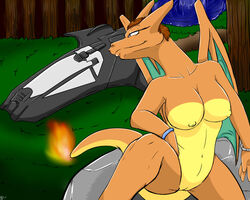 anthro breasts charizard color female female_only fire nintendo nipples nude outdoors pokemon pokemon_(species) solo tagme tail tail_fire vulva