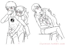 1boy 2girls aradia_megido blush bra breast_grab breasts closed_eyes clothing covering_mouth dave_strider evy glasses handjob homestuck homosexual horns lesbian long_hair monochrome ms_paint_adventures penis red_eyes red_lips red_nails rule_63 shirt_lift short_hair straight troll white_background white_hair white_skin