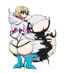 1girls ass belly belly_button big_belly big_breasts blonde_hair breasts enormous_breasts female female_only fetal_movement gwen_stacy gwenom high_heels huge_belly huge_breasts long_tongue marvel navel outie outie_navel pregnant riddleaugust sharp_teeth skimpy solo_female spider-gwen spider-man_(series) squatting symbiote teeth tongue torn_clothes