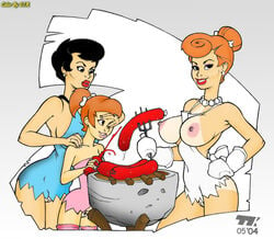 2004 3girls barbecue betty_rubble black_hair female female_only hanna-barbera human milf multiple_females multiple_girls nipples pebbles_flintstone red_hair sausage smile the_flintstones topless turk128 wilma_flintstone