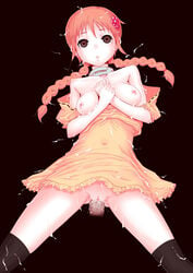 bare_shoulders braid breasts broken_rape_victim brown_eyes choker cum deadman_wonderland dress empty_eyes female hair_ornament kneehighs nipples no_bra no_panties open_mouth pussy red_hair ruri_yuu shaved_pussy solo sweat takami_minatsuki twin_braids