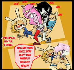 1boy 3girls adventure_time anal blonde_hair blush bunny_ears finn_the_human fionna_the_human_girl futa_on_female futanari intersex love_train marceline princess_bubblegum pussy sex_train_position triple_anal