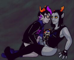 3boys artist_request black_hair clothing equius_zahhak eridan_ampora fingerless_gloves fins gay glasses grey_skin homestuck horns ms_paint_adventures open_mouth penis pointy_ears precum purple_highlights scarf sharp_teeth short_hair sollux_captor troll yaoi yellow_eyes