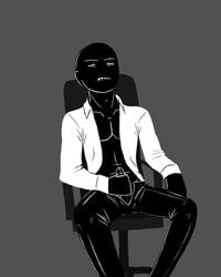 1boy alien_humanoid bald black_skin chair grey_background homestuck humanoid male male_only masturbation midnight_crew ms_paint_adventures open_mouth penis sharp_teeth shirt solo spades_slick